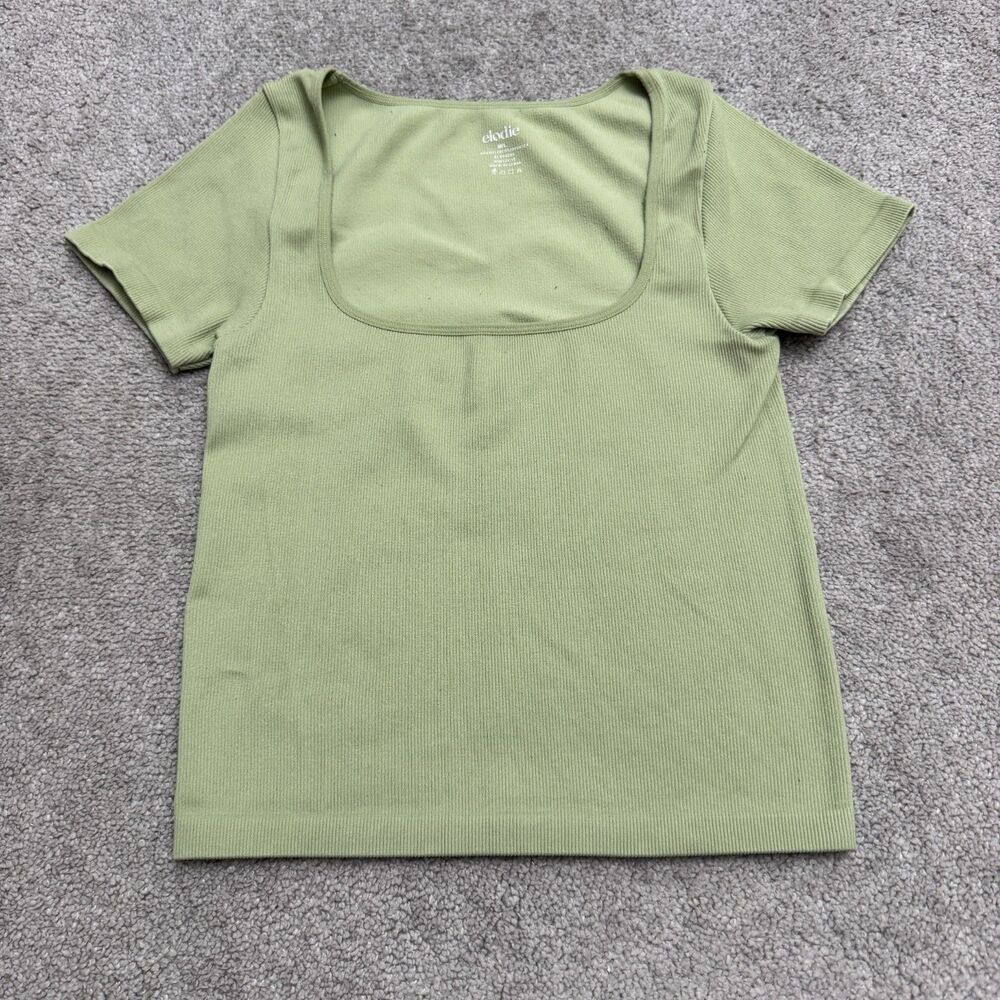 Elodie Ribbed Square Neck Short Sleeve Top Womens M/L Green Seamless Stretchy